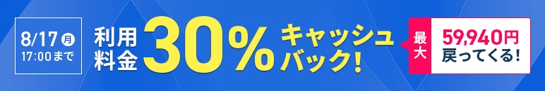 30%キャッシュバックキャンペーン！ 8月17日(月)まで